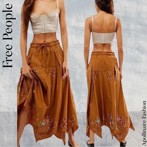 FREE PEOPLE ARIELL EMBROIDERED MAXI SKIRT IN OLIVE LEAF SP NWT - Picture 1 of 9